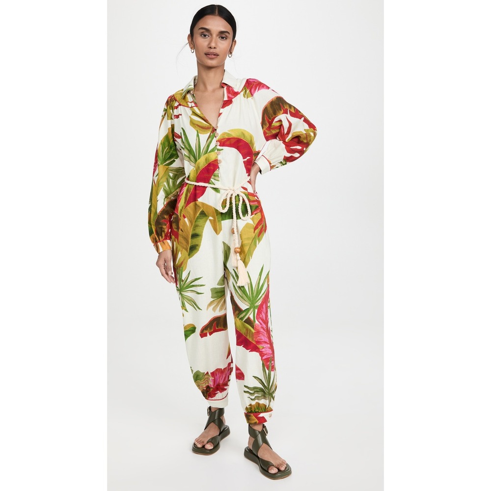 NWT Farm Rio Spring Forest Womens M Linen Jumpsuit Tropical Floral Boho